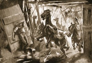 Den provisoriska hovslagaren sergeant Cussens befriar hästar från stallar där en granat har exploderat.